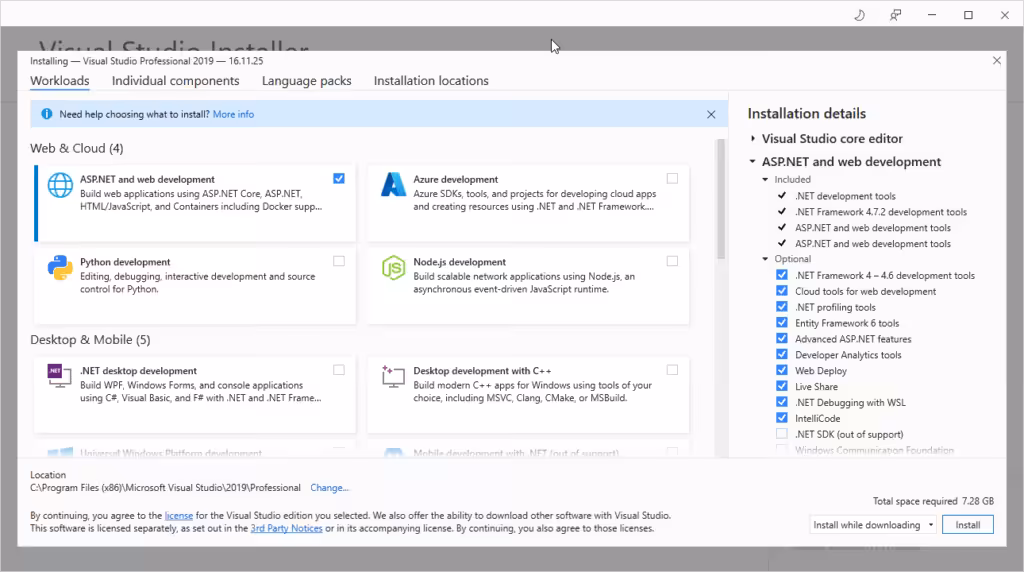 Selectare aplicatii pentru instalare Visual Studio Professional 2019