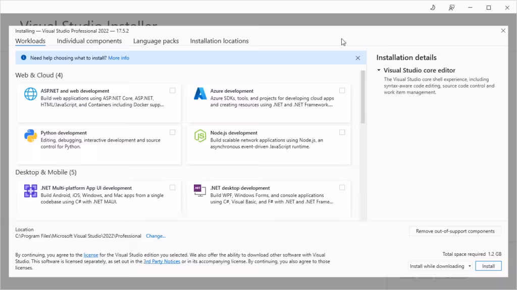 Selectare aplicatii pentru instalare Visual Studio Professional 2022